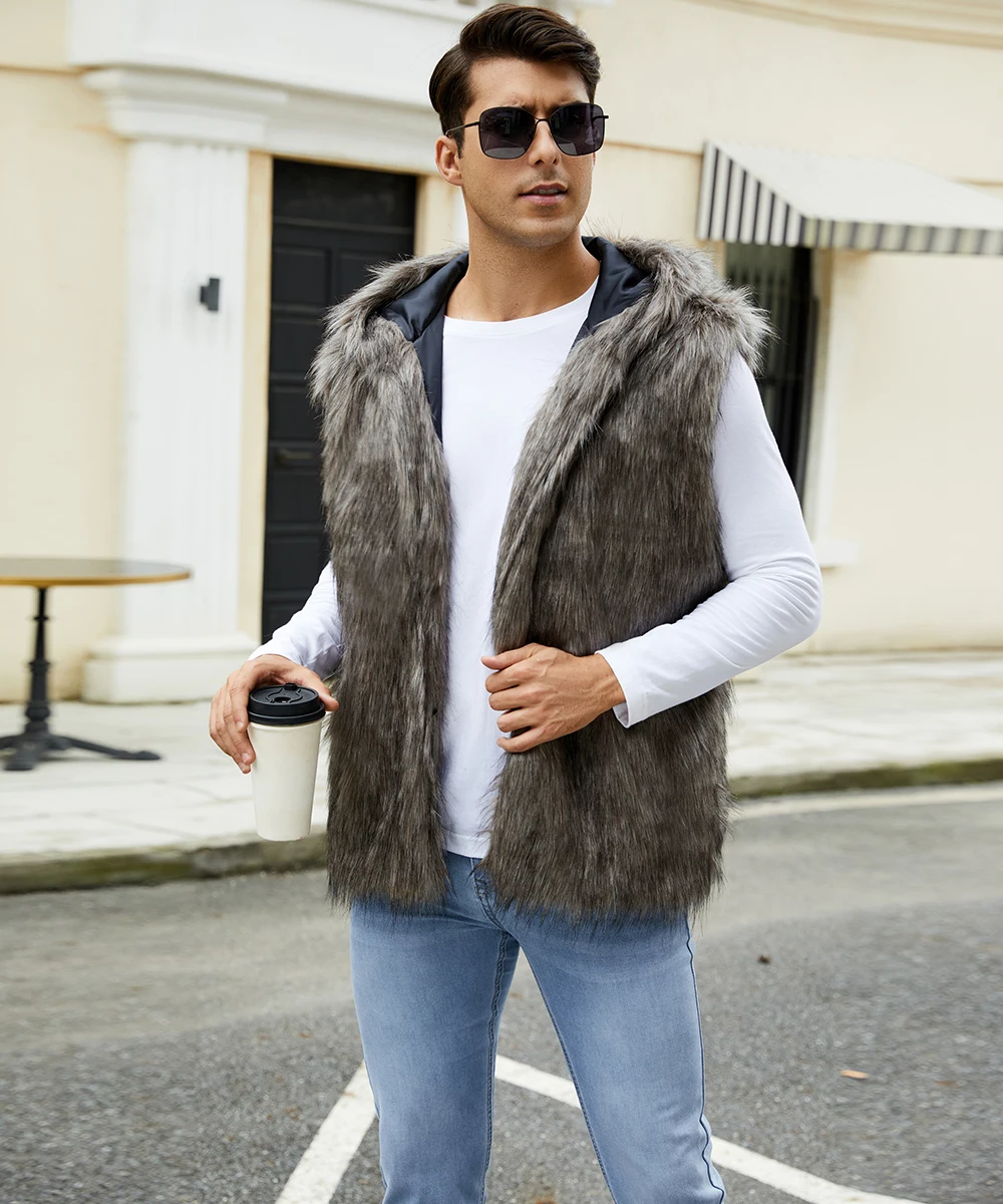 

Men's Winter Sleeveless Jacket Men Faux Fur Vest Hooded Jackets Fashion Cardigan Coat Elegant Male Warm Vests With Pockets