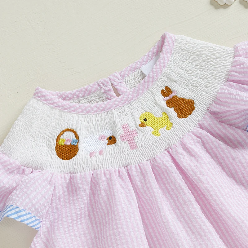 Adorable Toddler Easter Jumpsuit with Striped Pattern Cute Duck and Bunny Embroidery Round Neckline and Flutter Sleeves