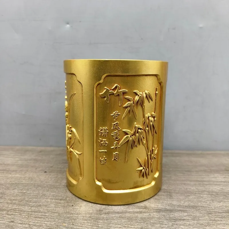 Brass Plum, Orchid, Bamboo, Chrysanthemum Pen Holder, Office Supplies Organizer, Desktop Ornament