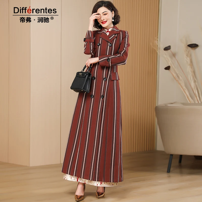 

Winter Stripe Long Trench Coat England Style Jacket Women Vintage Runway Elegant Buttons for Office Lady Double Breasted