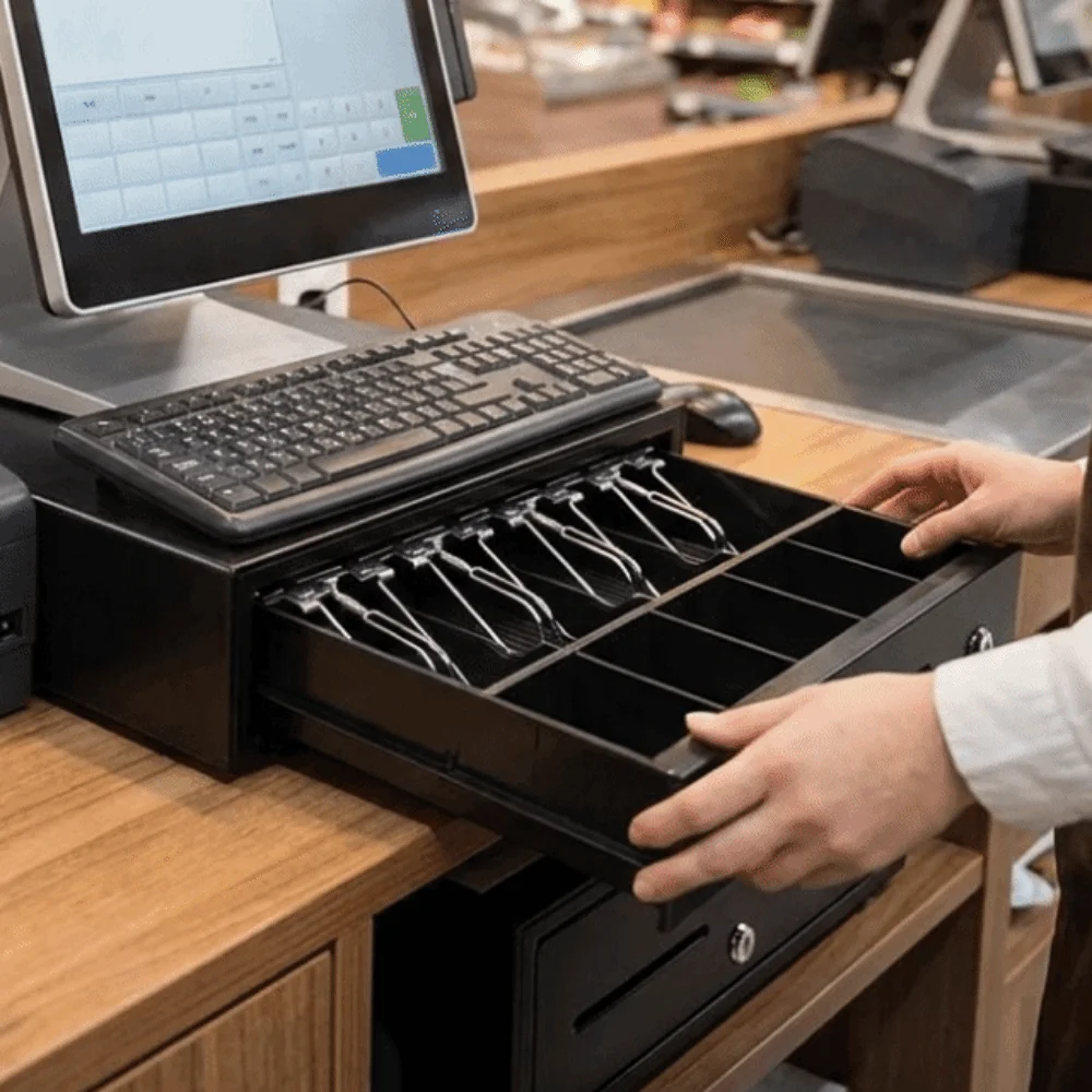 Practical Metal Supermarket Cash Box Wiring RJ11 Removable Cash Drawer Box 4 Bill 5 Coin with Key Money Cash Locker Shops
