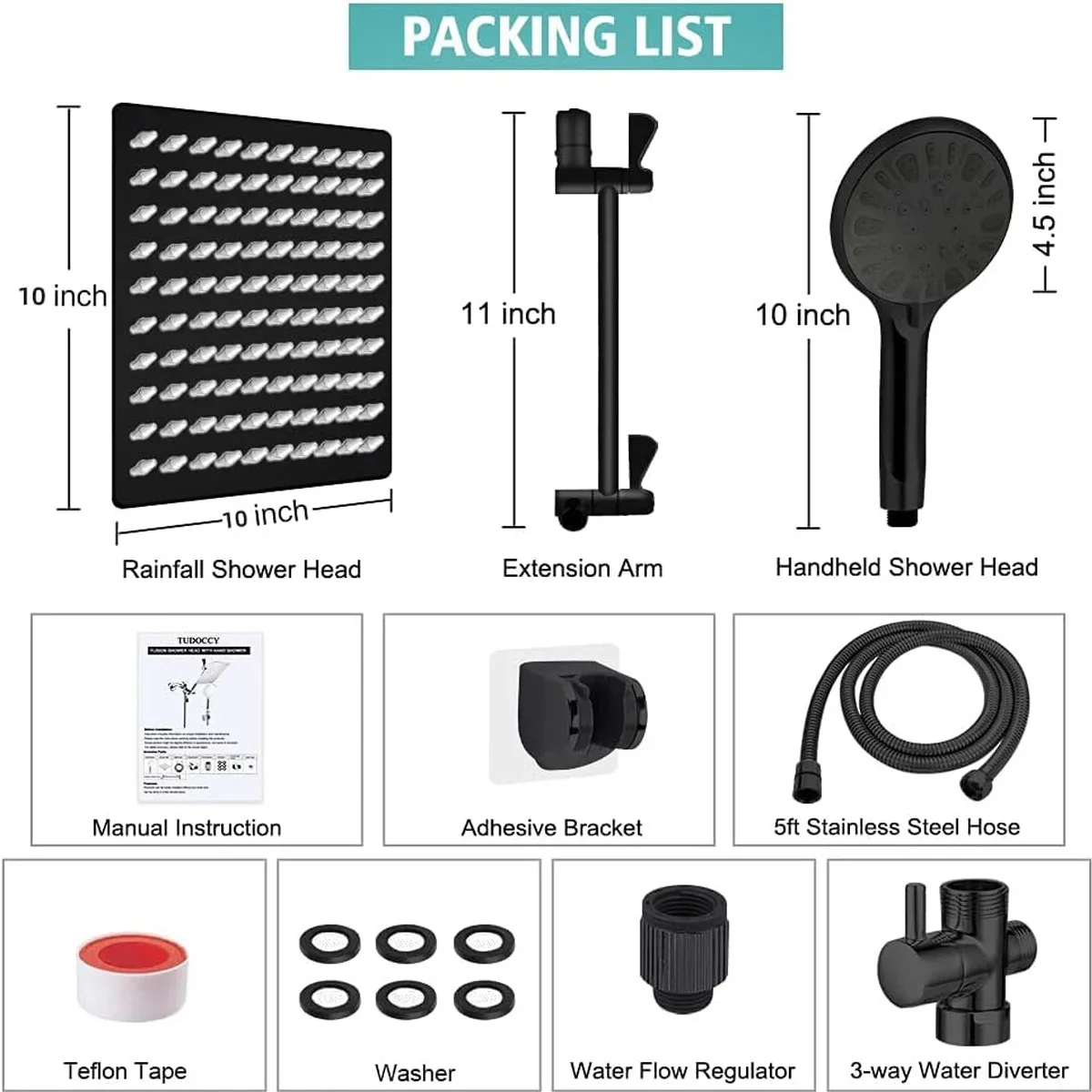 10-Inch High-Pressure Rainfall Shower Head with 11-Inch Adjustable Extension Arm and 5-Setting Handheld Shower, Shower Head