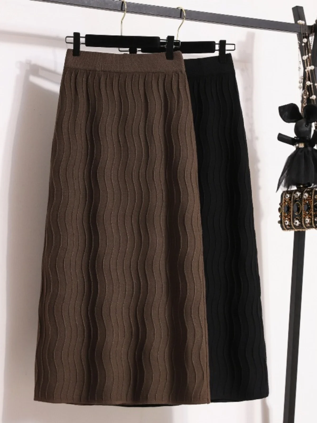 

plus Size High Waist Knitted A-Line Skirt Bodycon Slimming Color Block Versatile Spring Fashion Mid-Length Half Body Skirt