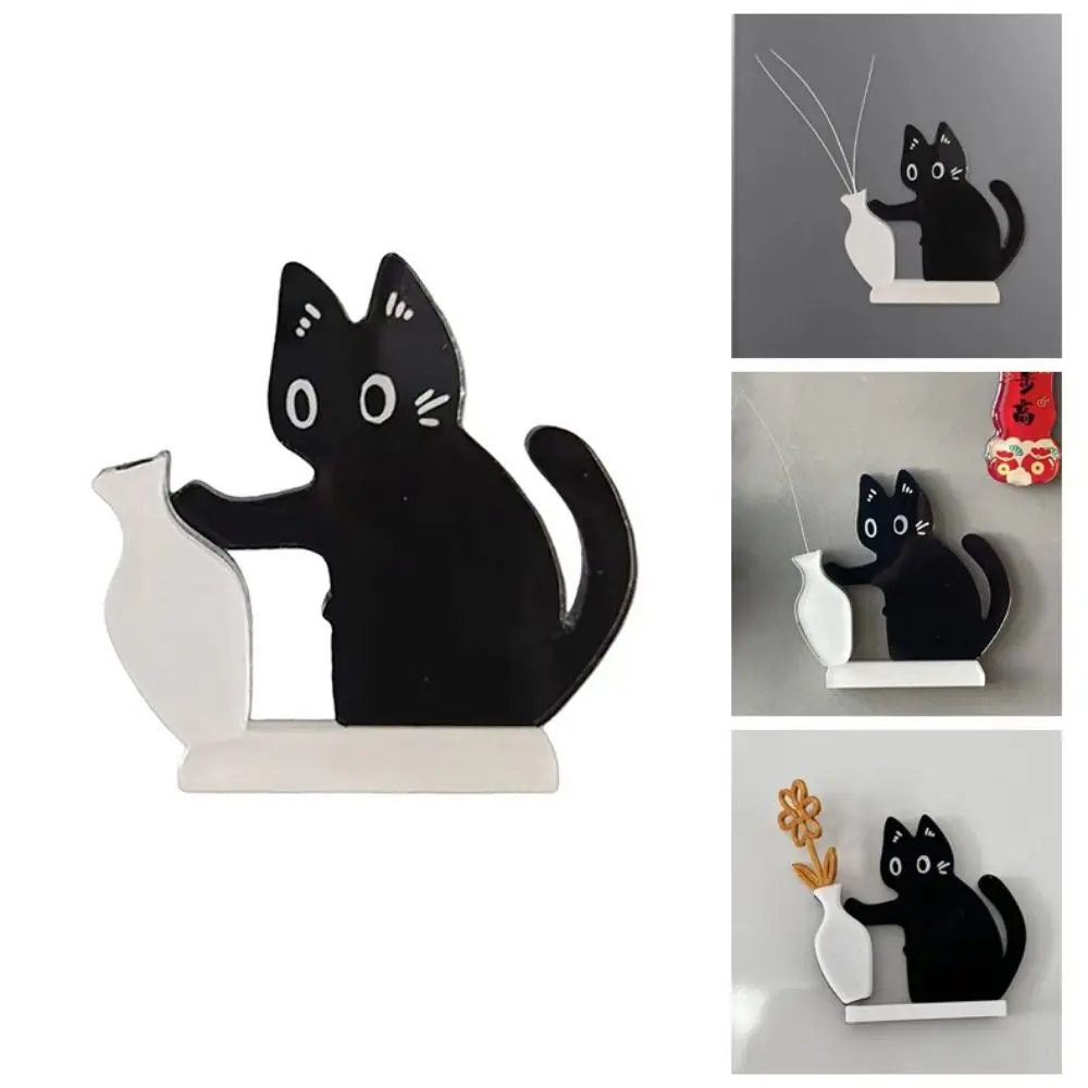 Creative Cat Refrigerator Magnet Black Cat Pushing Acrylic Cat Hair Collector Magnetic Base Novelty Fridge Magnet Vase Decor