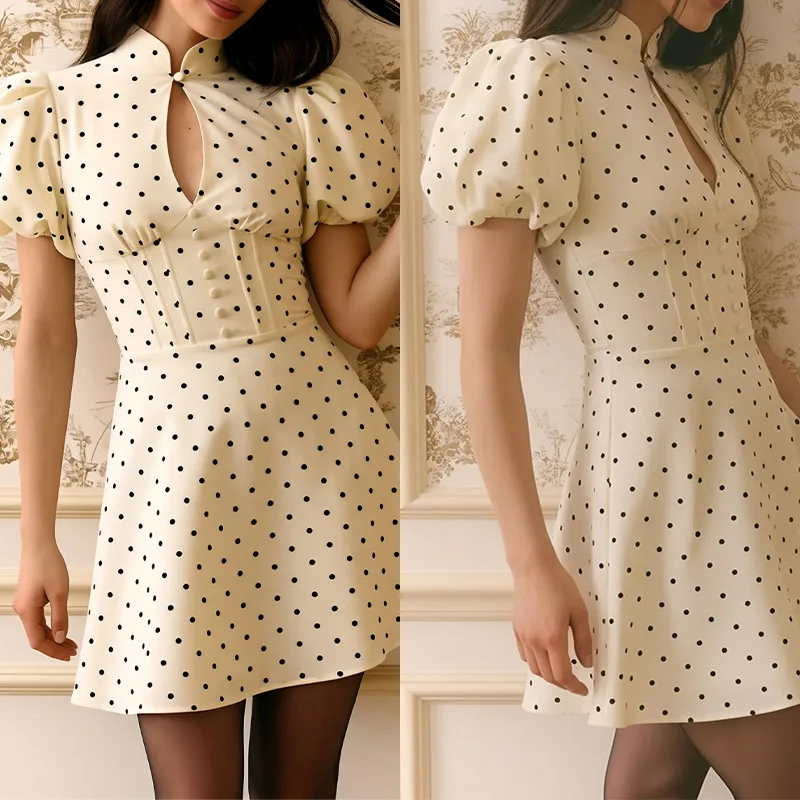 2026 Autumn. Women's New Fashion Polka Dot. Clothes Smart Fit Waist-cinching Stand Necklace Formal Short Clothes Clothes