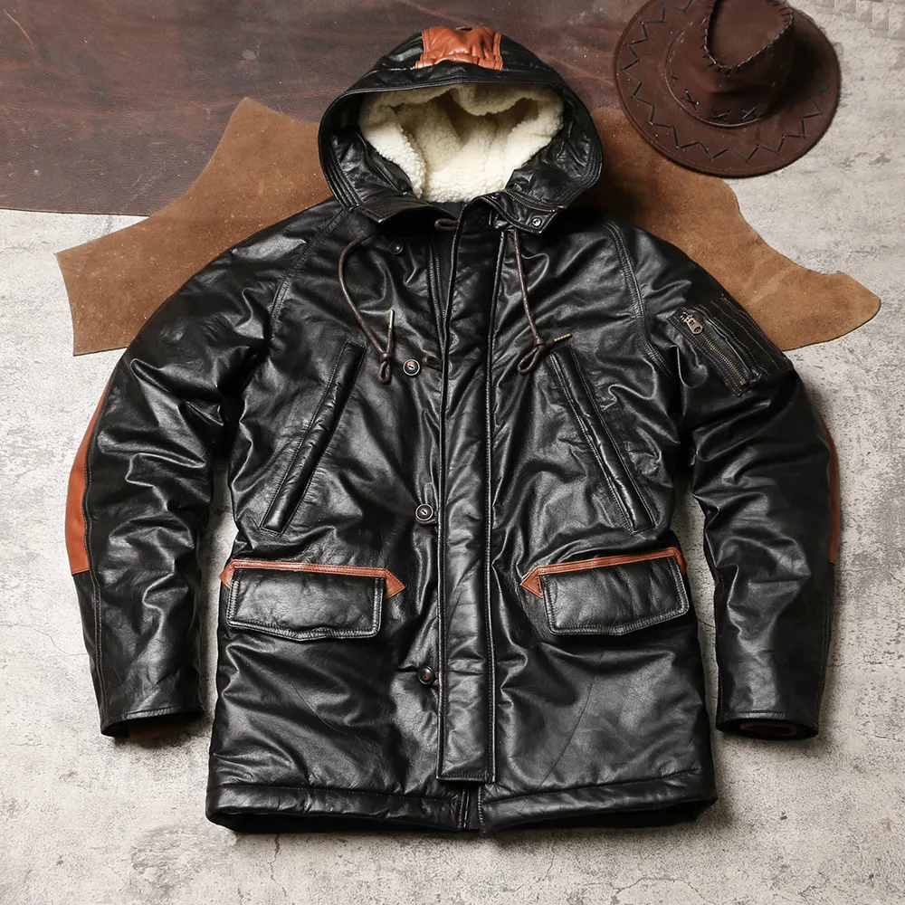 Winter N3B Genuine Leather Parka, Ultra Light Soft Thin Calfskin Hunting Coat Men Mid-Length Hooded Padded Jacket