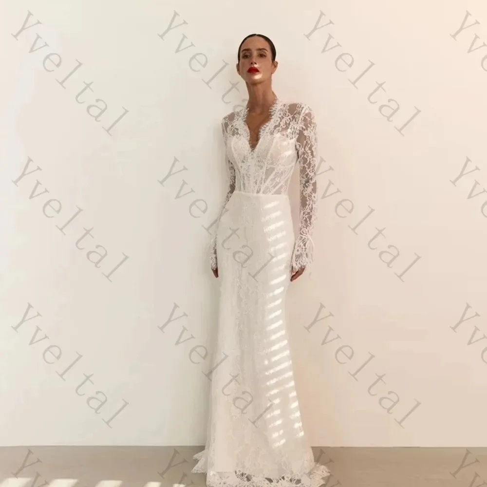 Customized Graceful Dignified Temperament LongSleeve Sheath Wedding Dresses Lace V Neck Bow Fascinating Fashion Bridal Gown