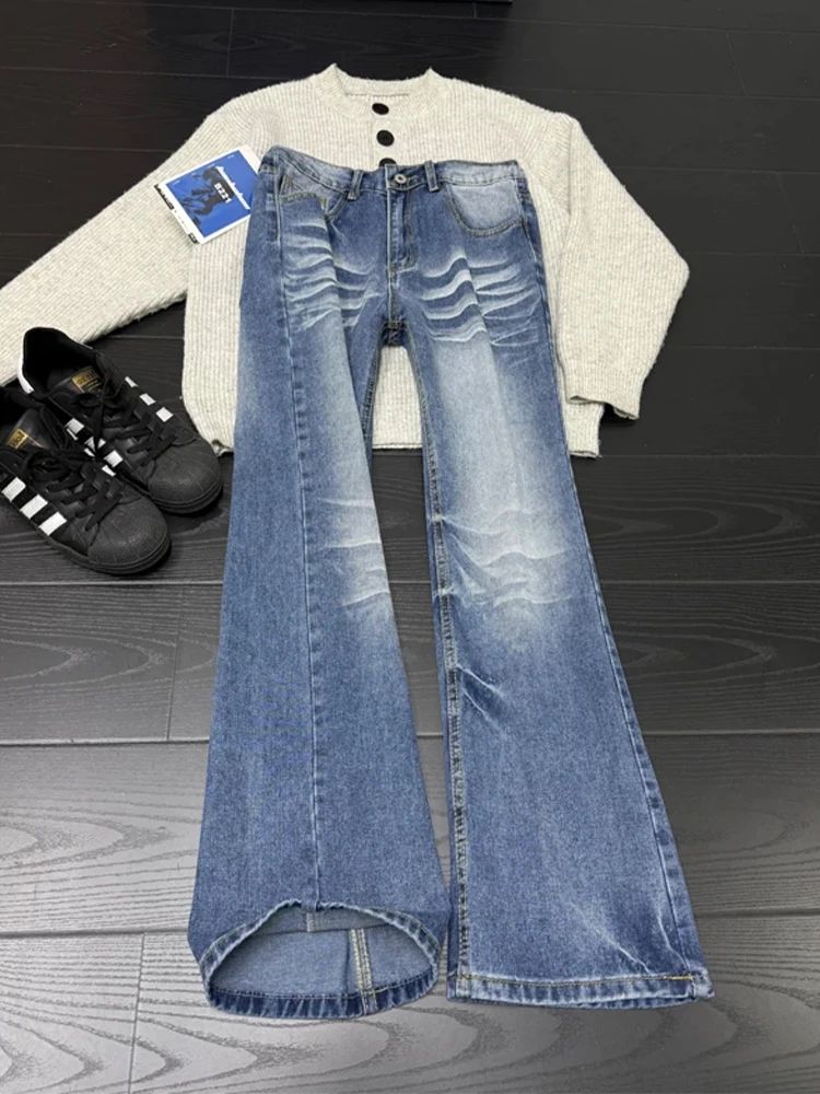 

Blue Washed Straight Leg Jeans Men's Winter American High Street Style Slim Fit Narrow Version Micro Flared Pants Casual Wear