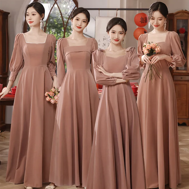 

Women's Spring Autumn Pink Corduroy Bridesmaid Dress Winter New Long Sleeve Velvet Thickened Simple Style Evenning Dresses