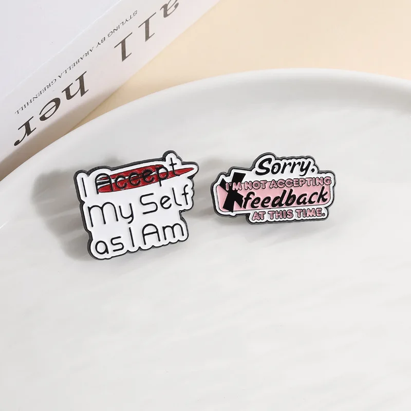 Cartoon Letters Badge Brooch Pins Cute Inspirational Quotes I Accept My Self As I Am Enamel Lapel Pin Accessory On Backpack Clot