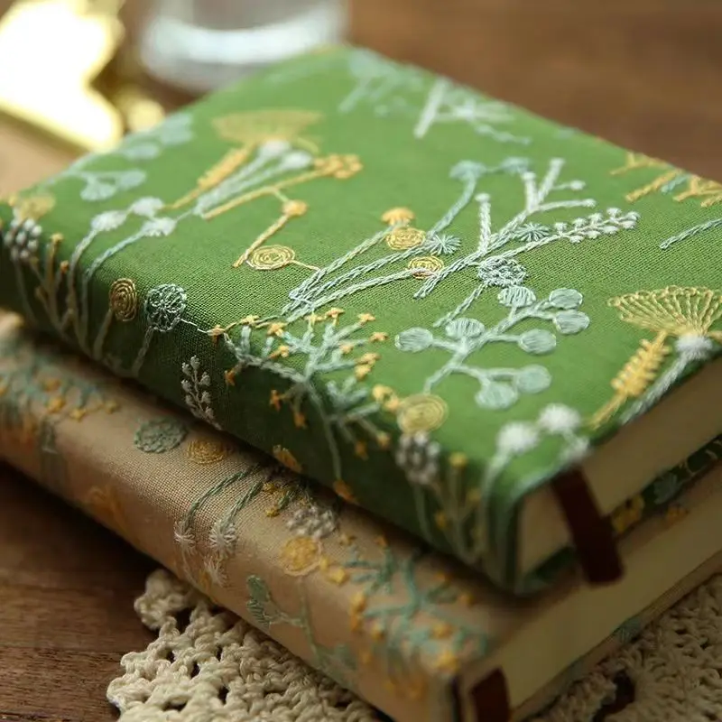 Stylish Leaf Hand Ledger Adorable Morandi Fabric Cover Pocket Book Cotton Cloth Binding Compact Embroidered Notebook Office