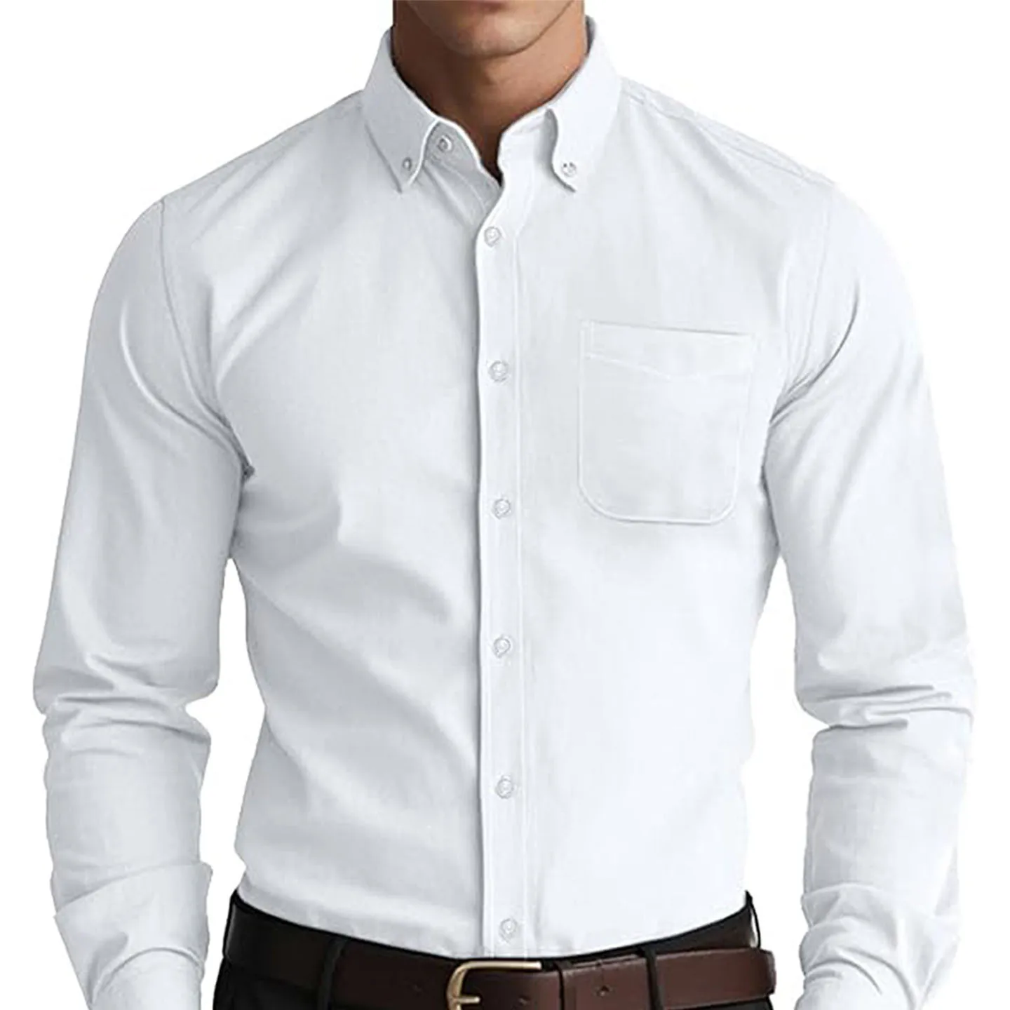 CH Long Sleeve Woven Shirt Button Down Neckline Single Chest Pocket Tailored Cut Versatile Business Daily Outer Top