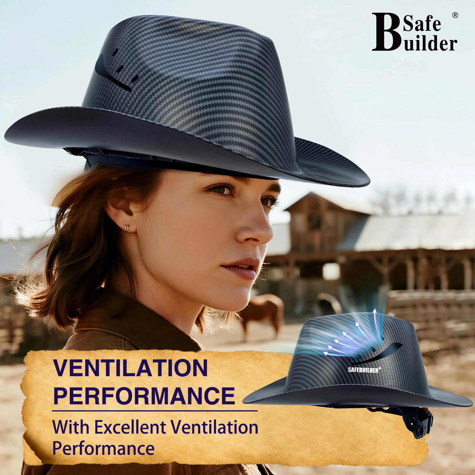 Capacete de segurança de cowboy ANSI Z89.1 Classe C com ventilação e aba completa para uso industrial de construção ao ar livre