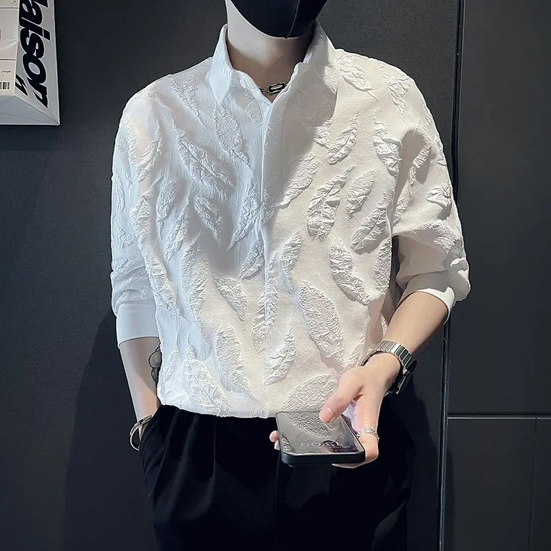 

Stylish Jacquard Weave Basic Shirts Men's Clothing Solid Color Summer Business Casual 3/4 Sleeve Loose Turn-down Collar Shirts