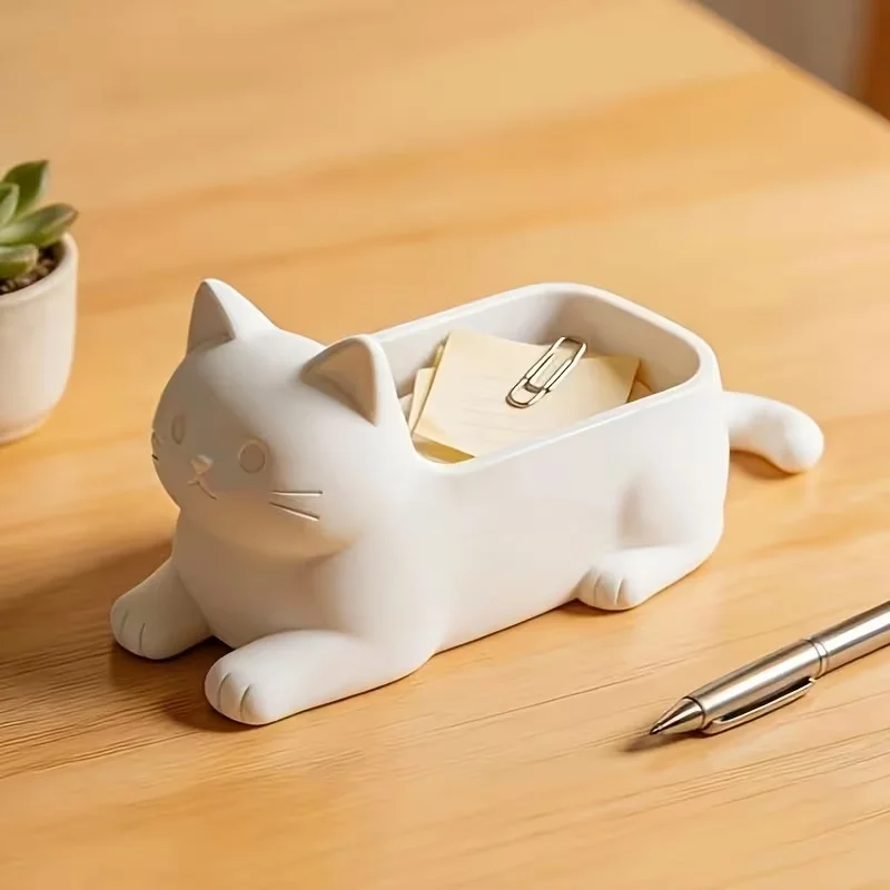 3D Printed White Lying Cat Box Cute Kitten Shaped Desk Organizer Stationery Trinket Holder Minimalist Desktop Decor Ornament