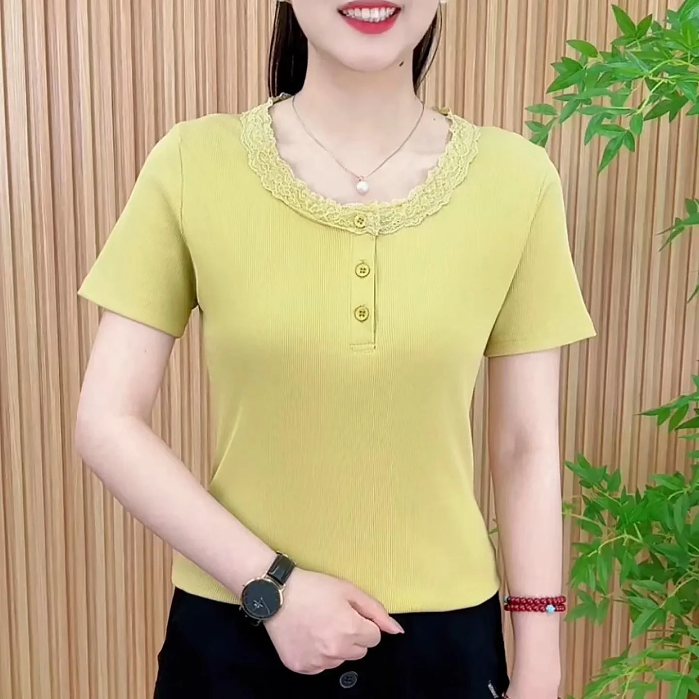 Y2K Womens Grey T-Shirt Top Lace Trim O-Neck Button Front Short Sleeve Slim Fit Casual Chic T-Shirt for Summer Daily Commute2026