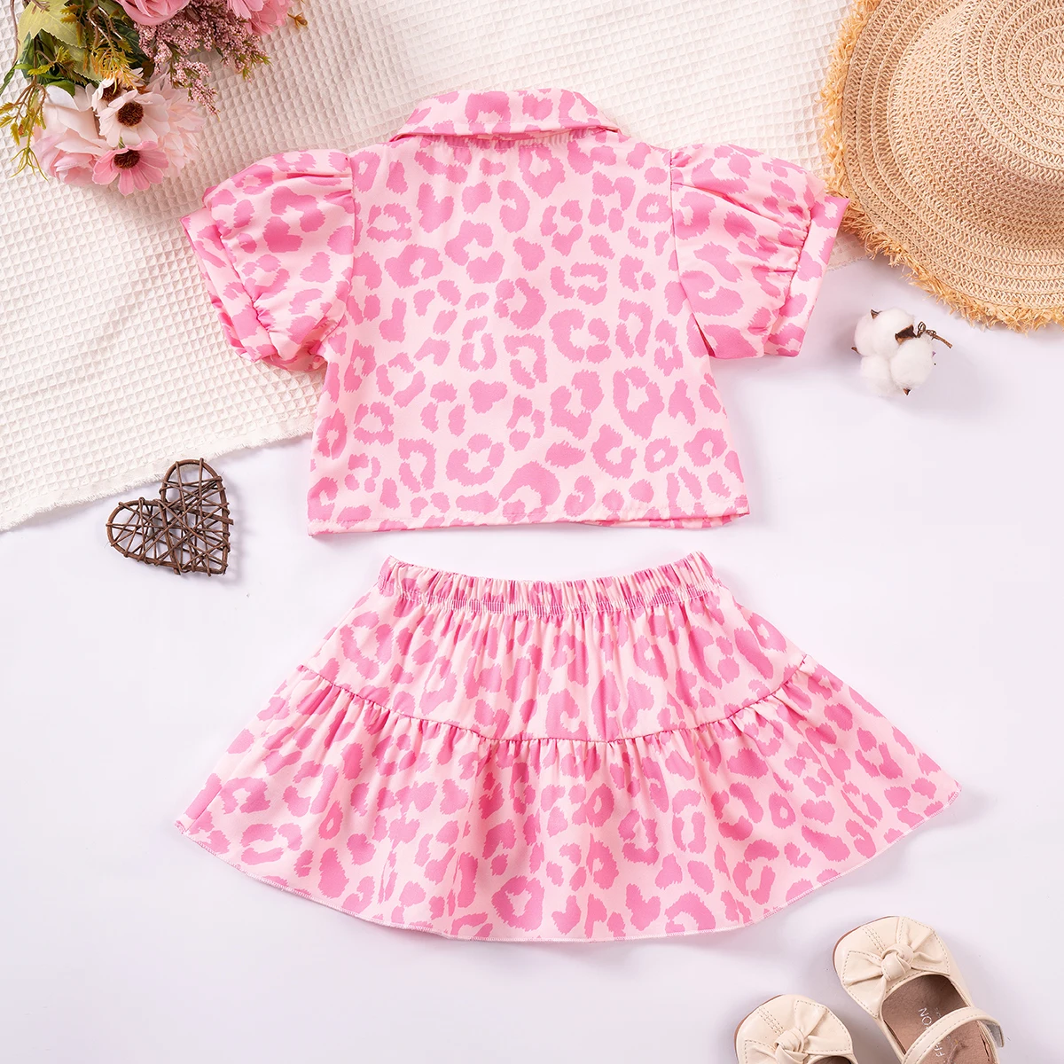 Girls' Cute Print Short Sleeve Shirt + Skirt 2Pcs Sets, Casual Comfortable for Ages 1-6, Summer Party Travel Valentine Gift
