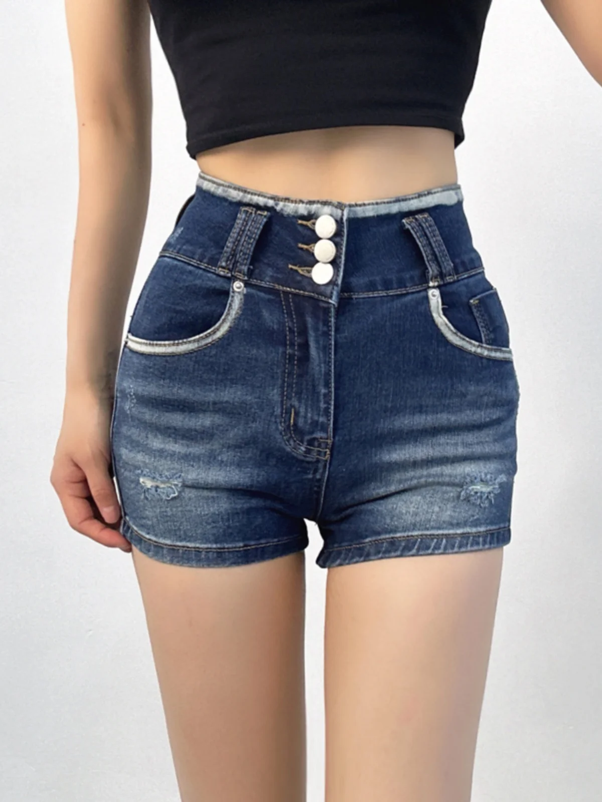 Shorts jeans lavados para meninas, cintura alta, três botões, fino, embrulhe as nádegas, buraco rasgado, moda sexy, verão, 200Q, 2024