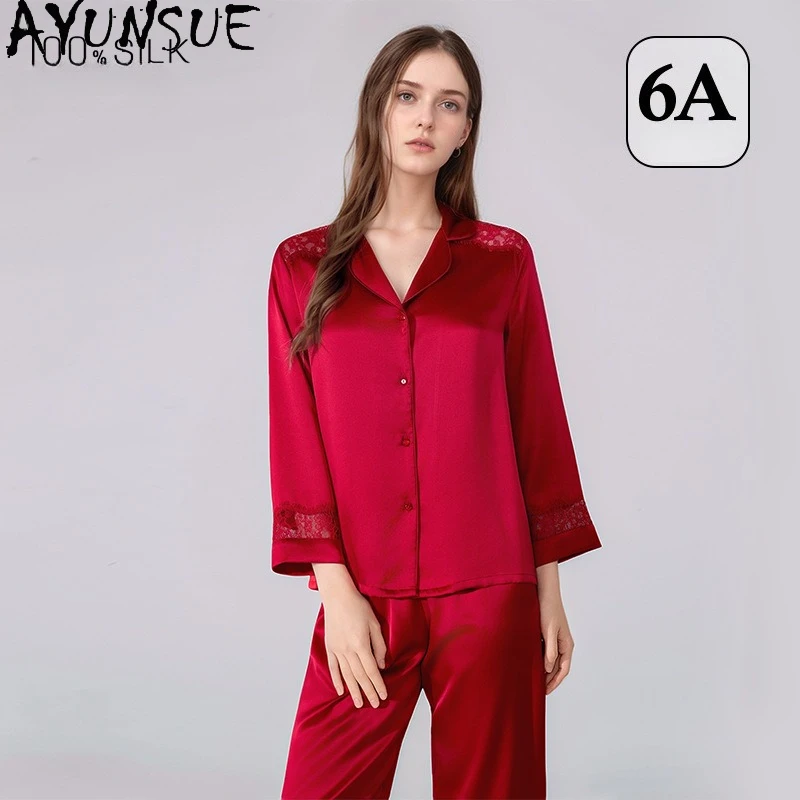 

AYUNSUE 100% Natural Mulberry Silk Sleepwear Women Spring Sutumn Home Clothes 16MM Silk Pajama Set Long Sleeve Top Casual Pants