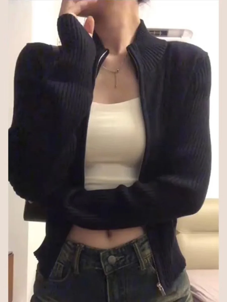 

Bla Zipper Knitted ort Fit Women's Sweater Coat Autumn Winter plus Size Base irt Top Sweet Sle High Collar Long Sve