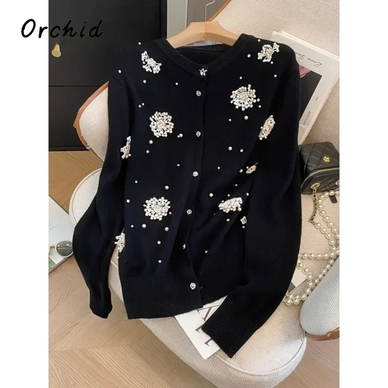 2024 Winter Casual Vintage V-Neck Knitting Long Sleeve Cardigans Women Sweet Floral Print Single Breasted Female Black Sweater