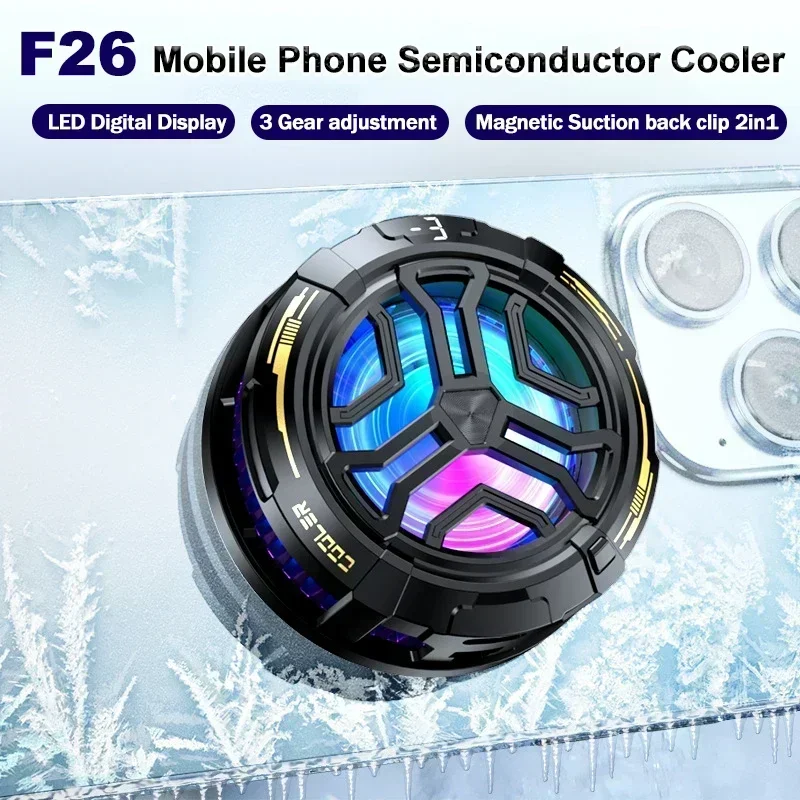 

F26 Mobile Phone Cooler Magnetic/Back-Clip 2 IN 1 Radiator for Cellphones IOS Android Universal Tablet Semiconductor Cooling Fan