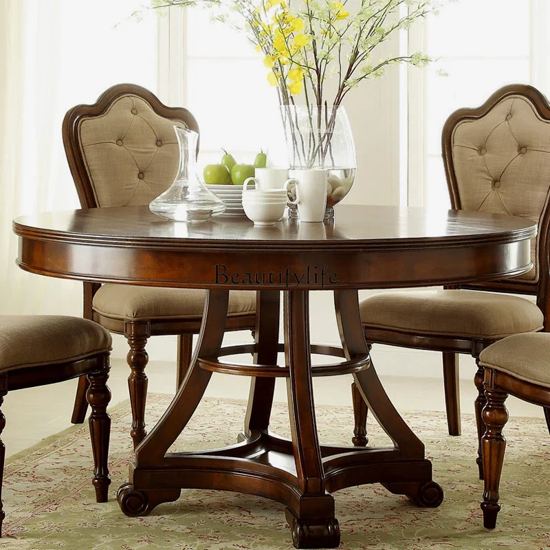 

yj7 Home Use Solid Wood Dining Table Small Apartment American Style Round European Style Dining Table