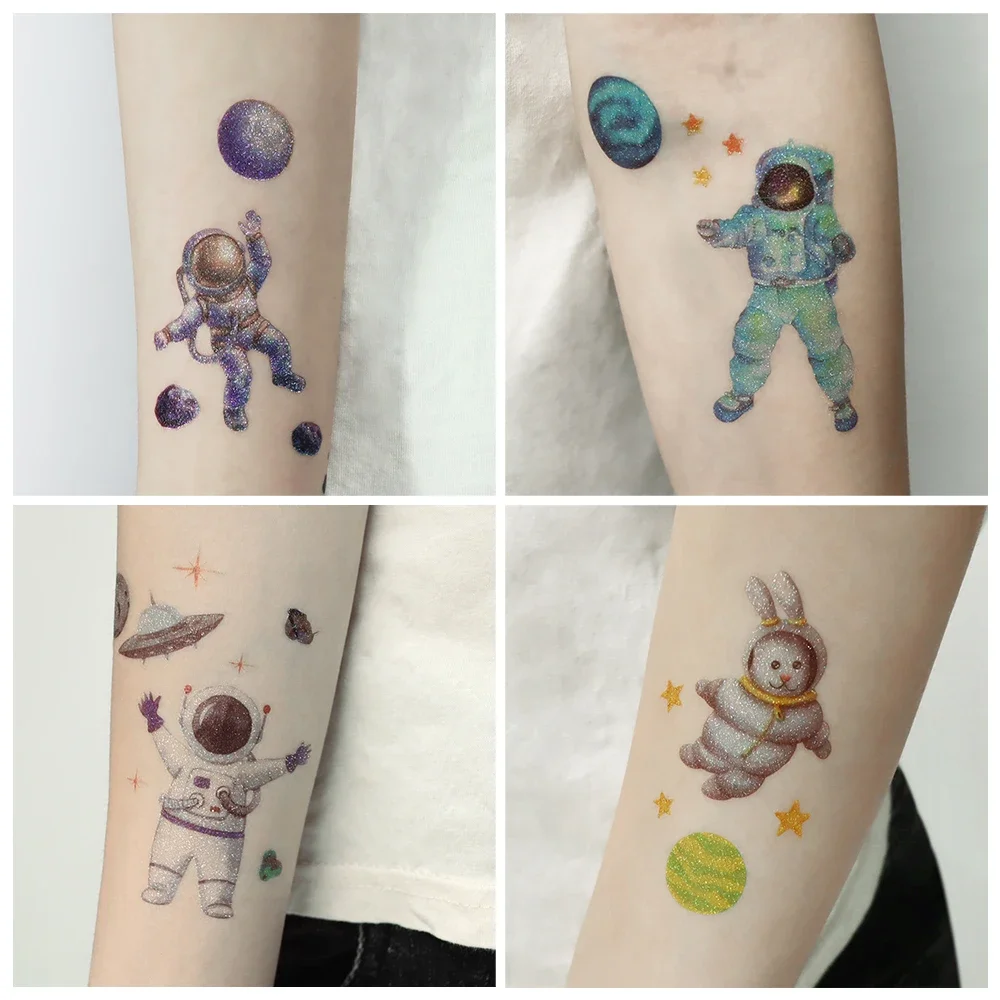 Tatuagens temporárias do espaço exterior para crianças dos desenhos animados arte corporal rosto tatoos glitter brilhante lavável tatuagem falsa para crianças aniversário