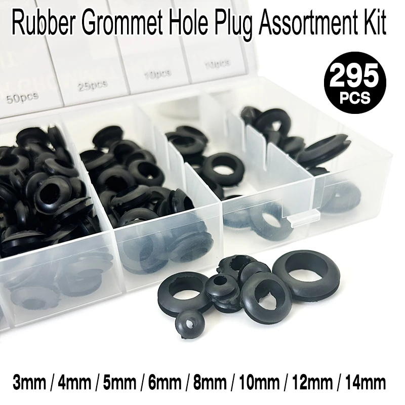 

295PCS Flame Retardant Dustproof Rubber Grommet Kit Black Insulating Hole Plugs Washers Assorted Size 3mm~14mm Wiring Protection