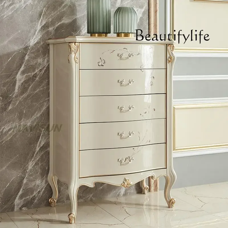 

XE American Solid Wood Chest Of Drawers White Light Luxury Hand-Carved Pattern Storage Cabinet Simple Bedroom Home Kitchen Stand