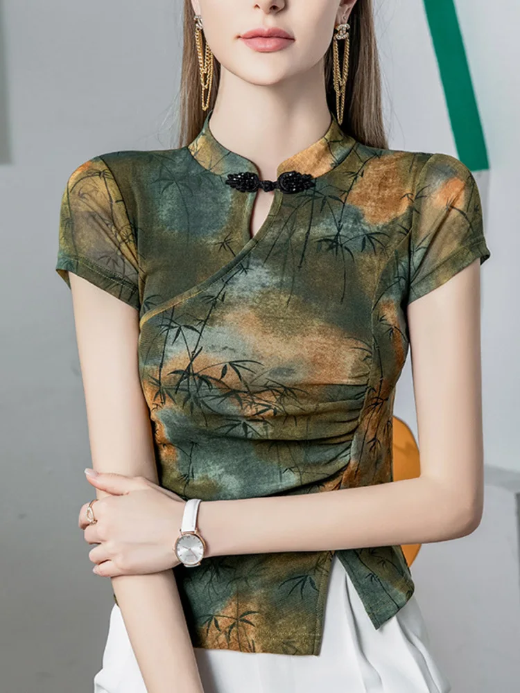 

New Chinese Style Stand Up Collar Mesh T-Shirt, Short Sleeved 2025 Summer New Printed Women's Pleated Button Top