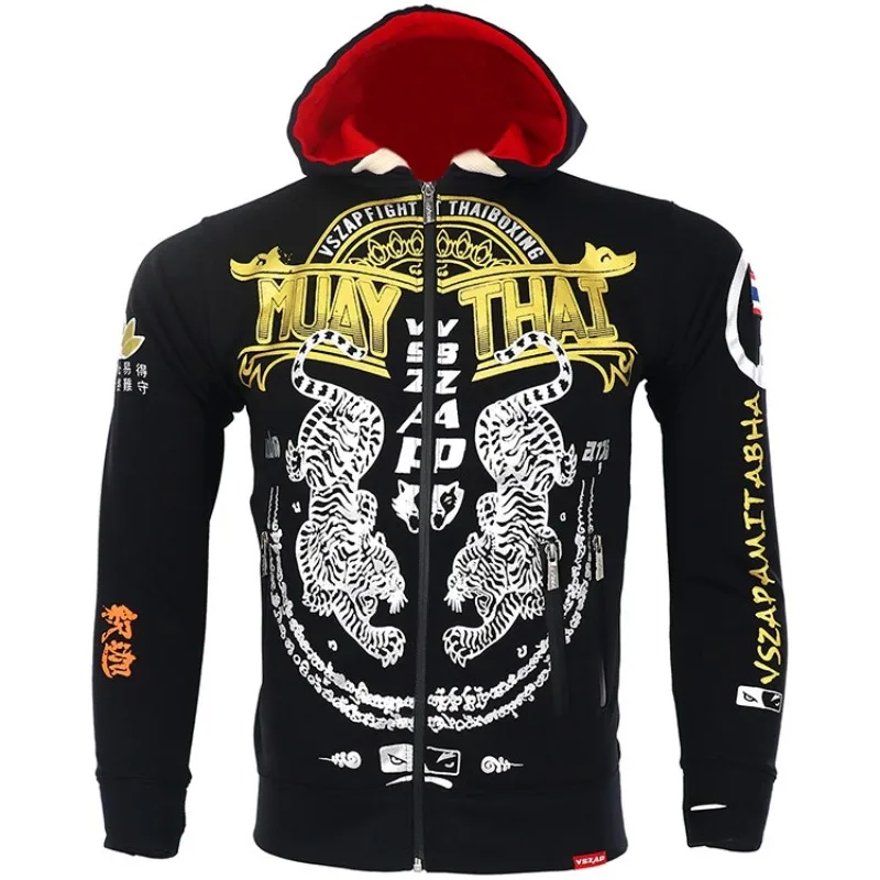 

Vszap Exercise Workout Sweatshirt Men's Long-Sleeved MMA Coat Thailand Tiger Boxing Combat Fighting Sanda Sports Gold