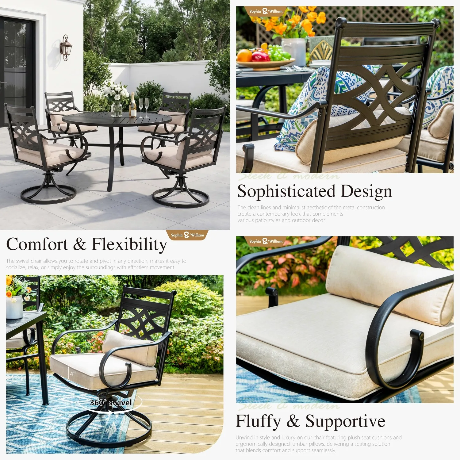 

Swivel Patio Dining Set for 4 Outdoor Table & Chairs Removable Cushions 42in Round Table, Customized