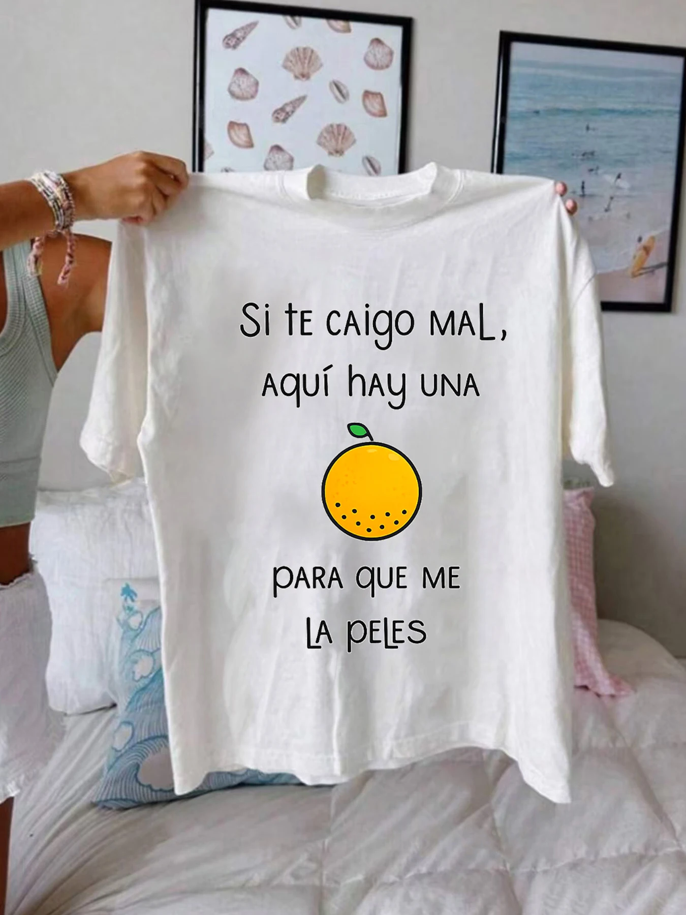 

【WZM1021200】Orange print plus size women's round neck T-shirt summer casual street fashion women's Joker short sleeve T-shirt