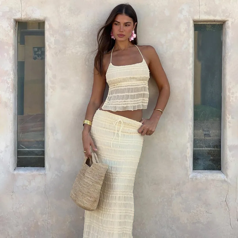 Lace Chiffon Sexy Skirt 2 Pieces Set Summer Holiday Outfits Sexy Halter Backless Tank Top and Maxi Skirt Lady Fashion Suits