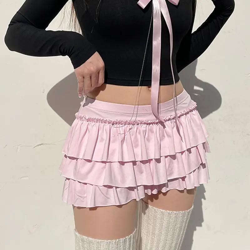 Deeptown Coquette Pink Sexy Mini Skirt Women Ruffle Bow Sweet Kawaii Layered Short Skirt Lolita Pleated Solid Y2k Casual Skirts