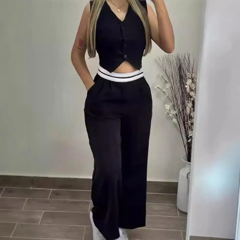 

Summer 2024 Casual Commute Color Blo Waist Head Set Women's Faion Set Polyester Fiber Long Pants irt No Sve