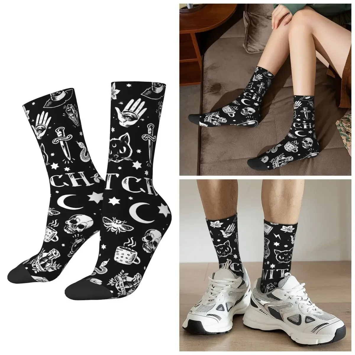 

All Seasons Skull Cat Moon Gothic Design Socks Harajuku Crew Socks High Quality Stockings for Men Women Valentine's Day Gifts