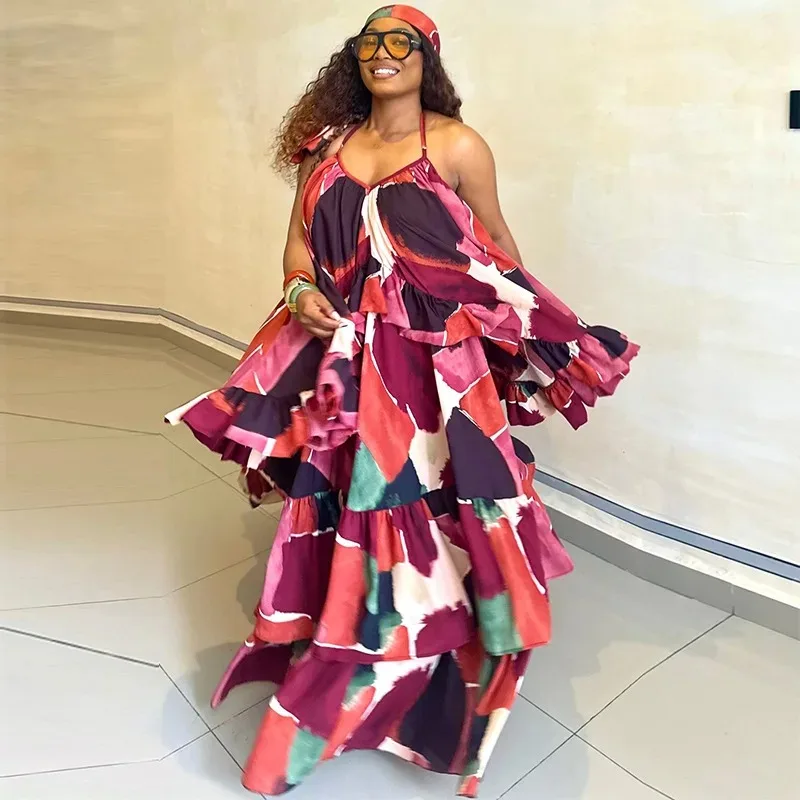 2026 Spring Elegant Women Dress Printed Spaghetti Strap Hollow Out Back Ruffles Patchwork Big Hem Holiday Long Dress