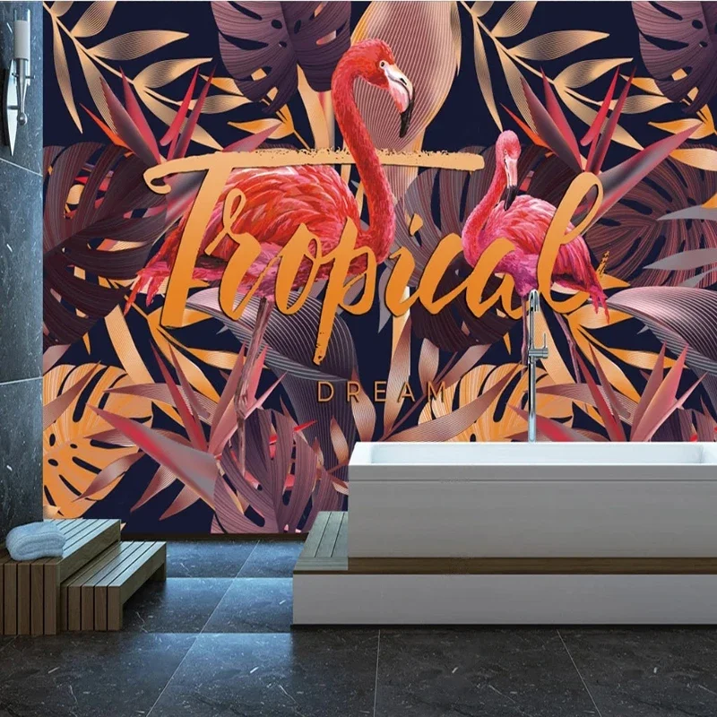 3D Mural Wallpaper European Rainforest Plant Banana Leaf Flamingo Papel De Parede Living Room Bedroom TV Background Home Decor