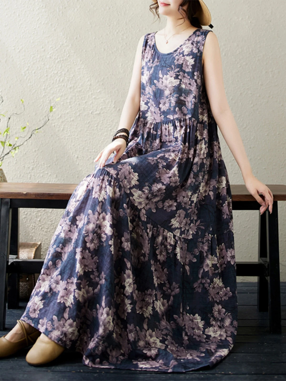 

Summer New Loose Printed Dress Thin Short Sleeve round Neck Maternity Clothes Comfortable Cotton A-Line Midi Dress for Mom