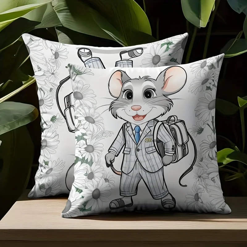 1 peça de capa de almofada de rato de desenho animado, capa de almofada de rato estilo escolar, almofada decorativa estilo vintage, estampa de animal fofa, decoração para quarto infantil