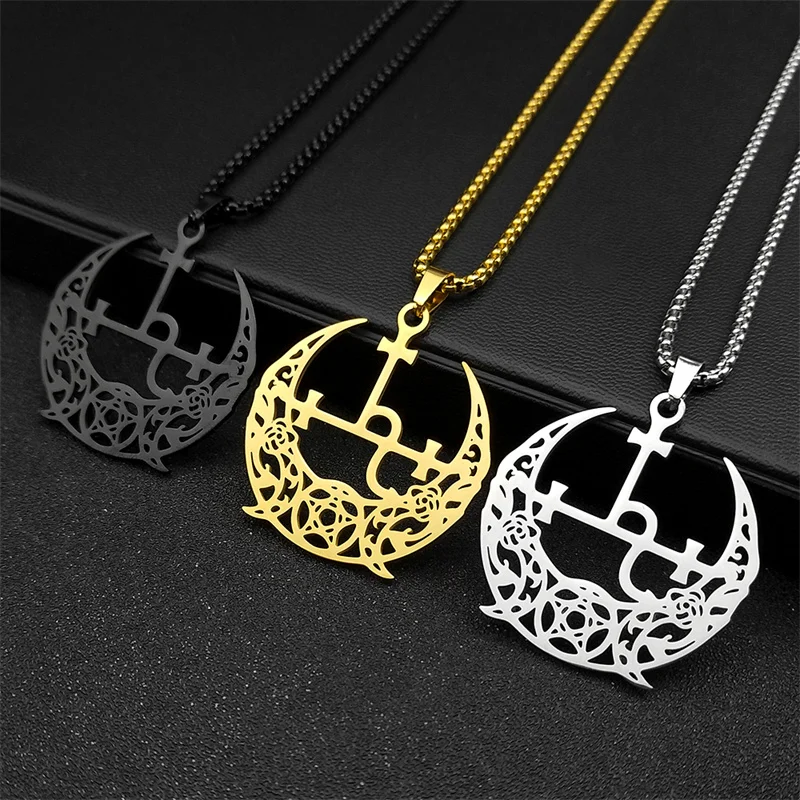 Wicca Triple Moon Crescent Pentagram Pedant Necklace For Women Men Stainless Steel Gold Color Satan Lilith Demon Seal Jewelry