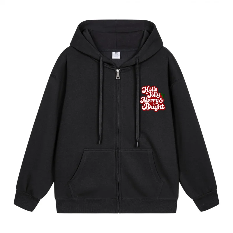 

Men's Zip-Up Hoodie Black Hoodie Holly Jolly Merry And Bright Red Text On Black Christmas in 2025 Festive Print