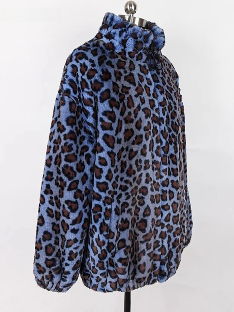 Nerazzurri Fashionable Loose Fur Coat Women Winter Long Sleeve Stand Collar Zipper Blue Leopard Print Eco-friendly Fur