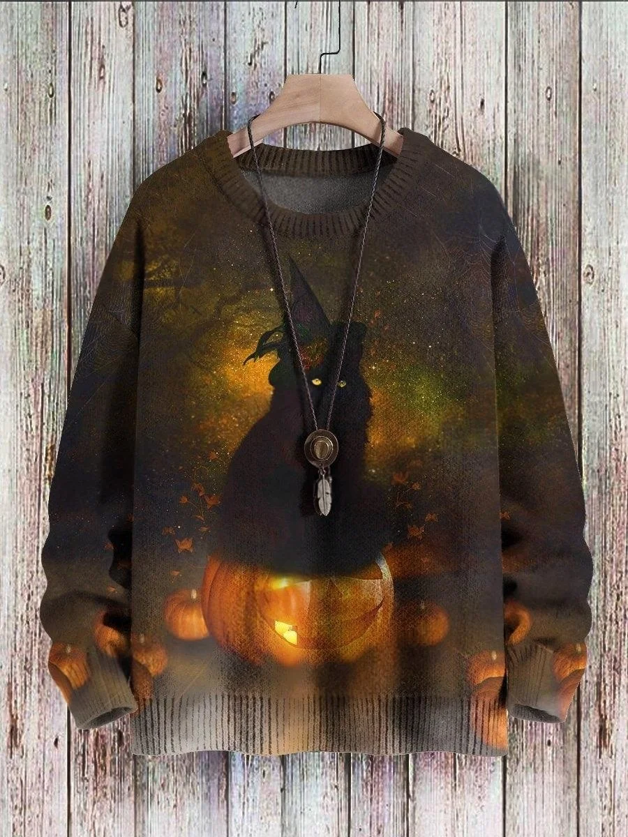 Halloween-Schloss, schwarze Katze, Geist, Retro-Kunst, 3D-Druck, Herren-Strickpullover, Winter, Unisex, lässiger Strickpullover. – Detail 6