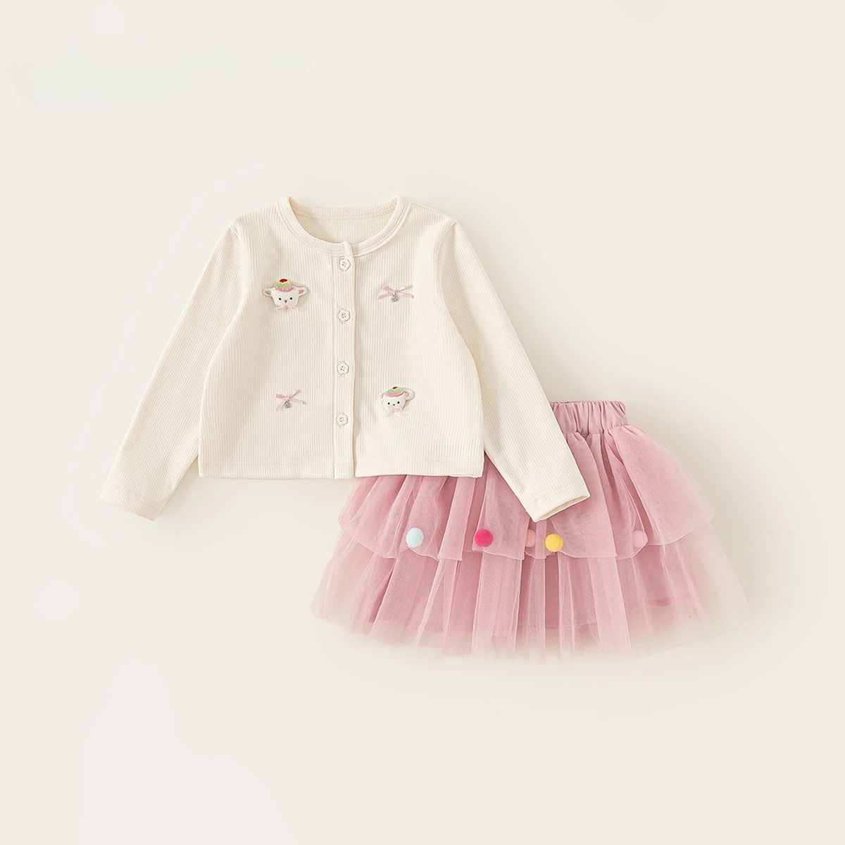Suit Girl Long Sleeved Cardigan Mesh Fluffy Skirt Two-piece Set Pink Autumn Outfit Sweet Children's Set Trendy Fashion