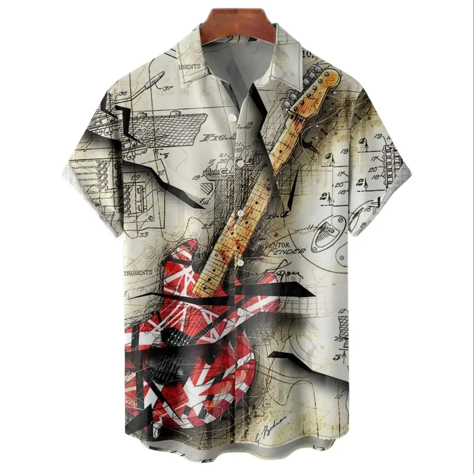 Hawaiian men's shirt, tilted guitar print clothing, 3D retro music, short sleeved T-shirt, Harajuku top, 5XL