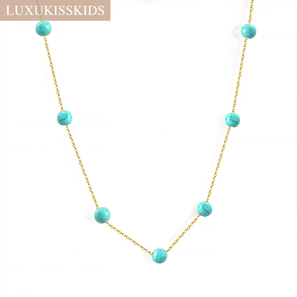 Vinatge Torques Bread Neck Chains Imitation Pearl Pendant Trendy Collier Woman Stainless Steel Choker Blue Necklace