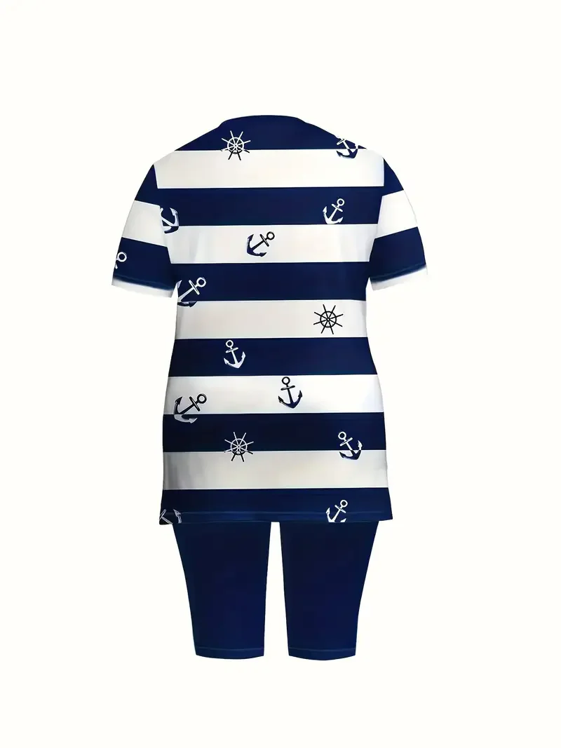 Women's Casual Printed Short-Sleeved Top and Shorts Set, Crew Neck Pullover with Slit Details, Suitable for Everyday Wear and Vacation Outfits